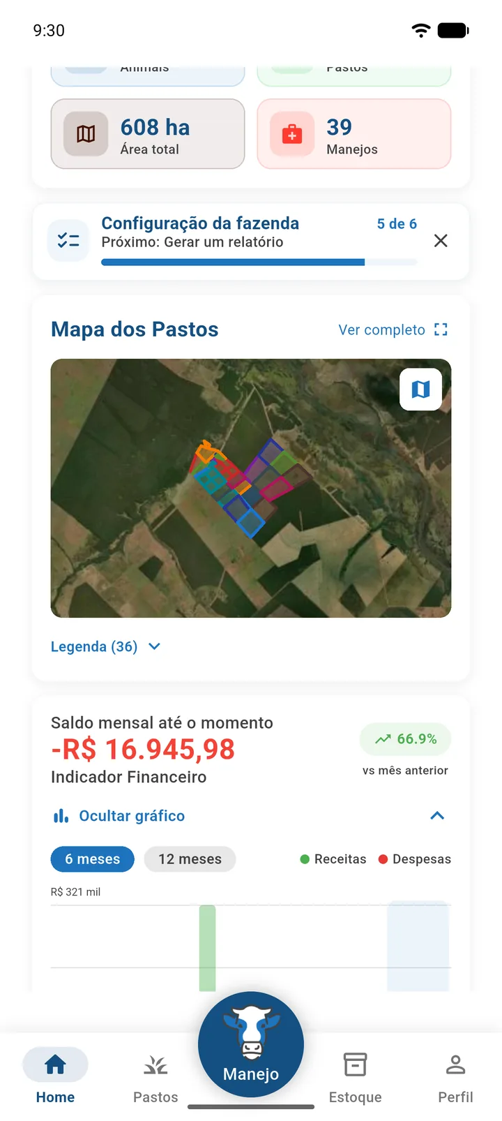 Tela inicial com mapa dos pastos e saldo mensal