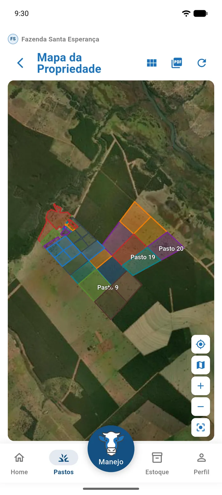 Mapa da fazenda com o contorno dos pastos